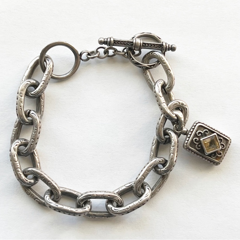Etched Chain Link Sterling Silver Bracelet Citrine Charm